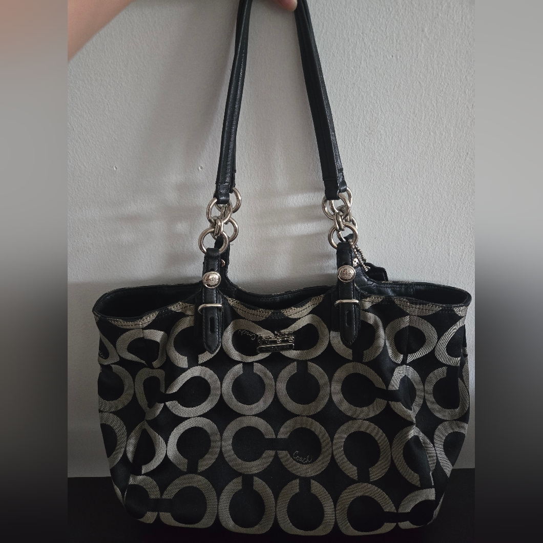 Coach Mia Opaque Sateen Black And White Signature Tote Bag